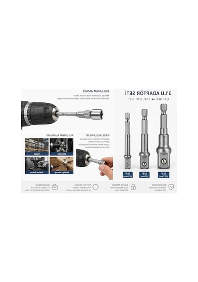 3'lü Lokma Adaptörü Seti, 1/4", 3/8", 1/2" Çelik, Matkap Ve Vidalama Uygun