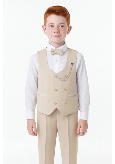 Ahengim Erkek Çocuk Modern Kesim Papyonlu Yelekli 3 Lü Set Takım Elbise Ak5350 Bej