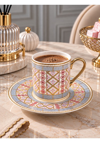 6 Kişilik Porselen 24k Mosaic Kahve Fincanı-7805 Çok Renkli