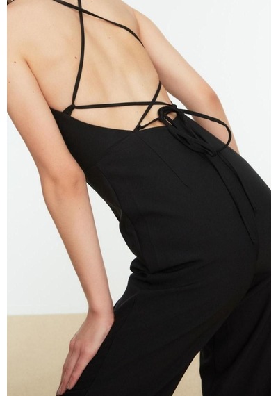 Ersefa Kadın Moda Standart Kol Geniş Paça Kare Yaka Düz Desen Regular Do Siyah