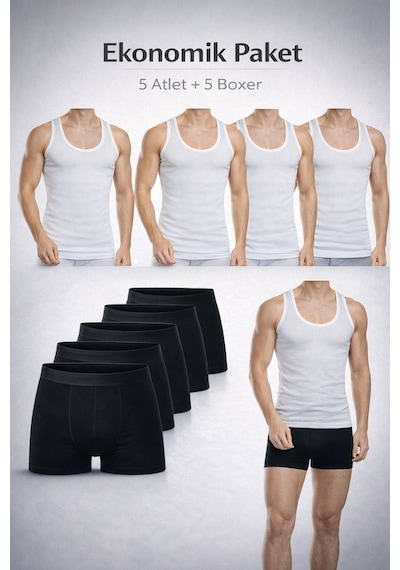 Qulat Erkek Atlet Boxer Seti 10 Lu Ekonomik Paket 5 Atlet + 5 Boxer Pamuklu İç Giyim Beyaz - Siyah