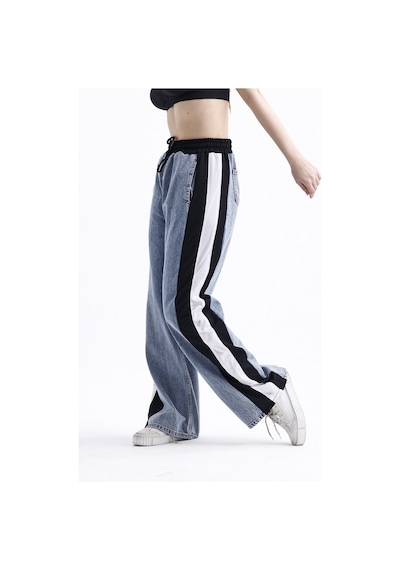 Polopass 025 Kadın Bol Paça Yan Şerit Penye Kot Denim Pantolon Siyah