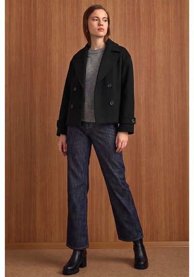 Olcay Ceket Yaka Oversize Kısa Kaban Siyah 3204