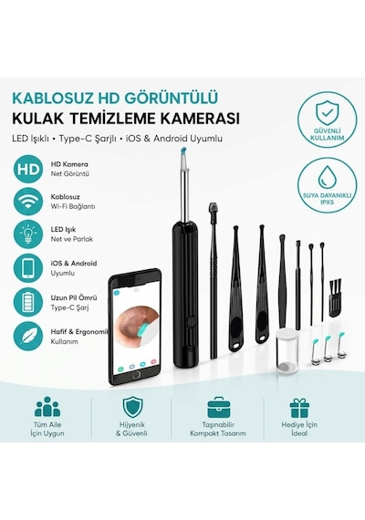 Siyah Kablosuz Hd Görüntülü Kulak Temizleme Kamerası, Led Işıklı Type-c Şarjlı İos Ve Android Uyumlu 0