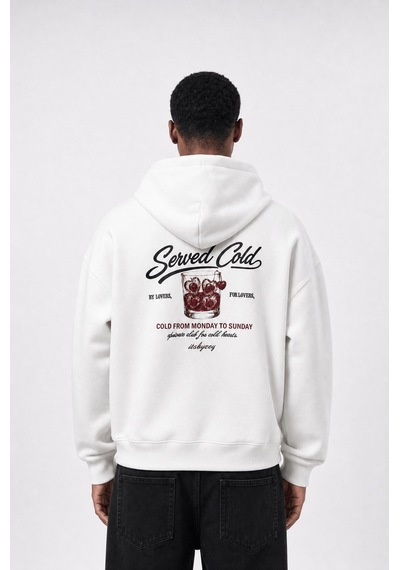 Respire Erkek Served Cold Baskılı Oversize Hoodie Ekru