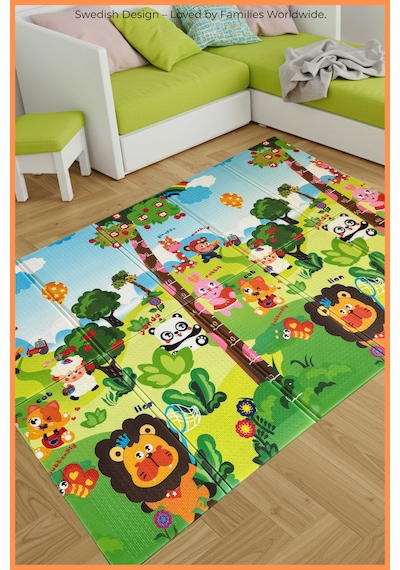 Happy Jungle Çift Taraflı Katlanabilir Oyun Halısı Ve Matı Premium Seri Taşıma Çantalı-180x120
