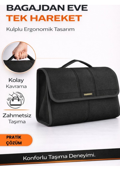 Oto Bagaj Organizer Bagaj Çantası L Boy Kaymaz Cırt Bantlı Velur Kompakt - Siyah