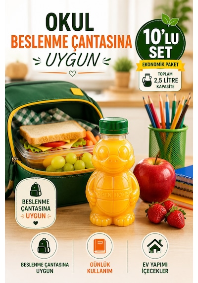 10'lu Set Şeffaf Kaplumbağa Şişe Yeşil Kapaklı Pet İçecek Şişesi Çocuk Beslenme Matarası 250 Ml