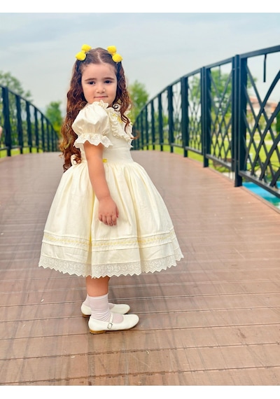 H L Y Karol Tasarım Sarı Kurdaleli Vintage Kız Bebek Elbise,doğum Günü Elbise,fotoğraf Çekim Elbise,0-12 Yaş Uygun KREM
