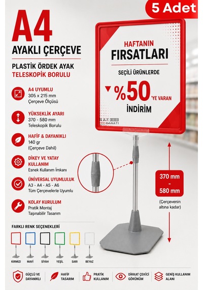 5 Adet - A4 Ayaklı Fiyat Etiketlik Teleskopik Borulu Çerçeve Etiketlik Yönlendirme Levhası Menü Panosu Kırmızı