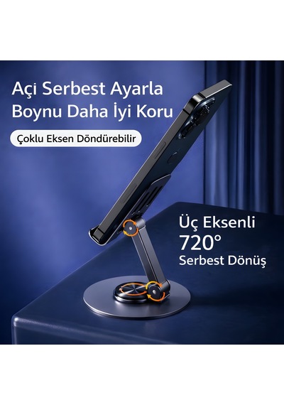 Metal Telefon Standı 720 Dönebilen Katlanabilir Masaüstü Telefon Tutucu Siyah