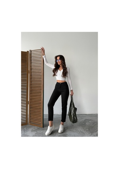 Blue Marlın Siyah Paça Kesik Keten Boru Paça Pantolon Siyah