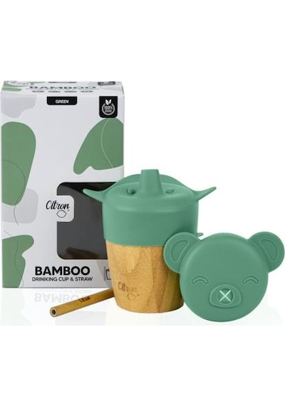 Citron 2'si 1 Arada Kapaklı ve Pipetli Organik Bambu Alıştırma Bardağı - Green 1073629
