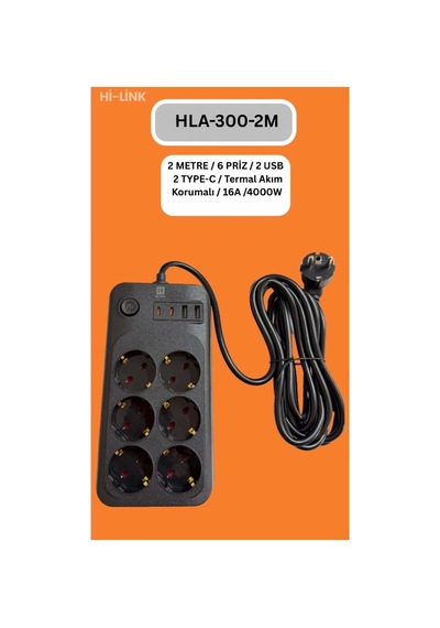 Hi-link Hla-300-2 2 Metre 6 Priz 2 Usb 2 Type-c Termal Akım Korumalı 16a 4000w 0 - 2 M