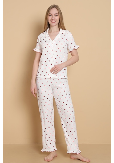 Wordex Mirano 3856 Desenli Bürümcük Gömlek Yaka Düğmeli Kısa Kollu Kadın Pijama Takımı Beyaz Wordex Mirano 3856 Desenli Bürümcük Gömlek Yaka Düğmeli Kısa Kollu Kadın Pijama Takımı Beyaz