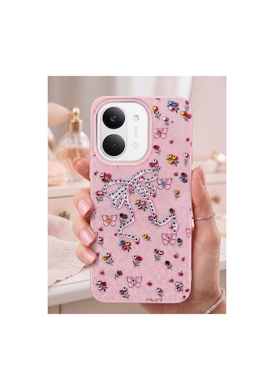 Poco X8 Pro Max Taşlı Desenli Fiyonk Silikon Kılıf Pembe