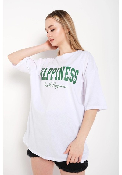 Startmore Kadın Beyaz Happıness Baskılı Oversize Tshirt Beyaz
