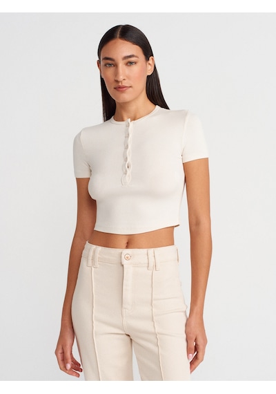 Dilvin 31647 Düğme Detaylı Crop Top-taş Taş