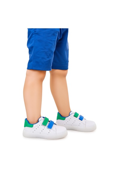 Kiko Kids Royzo Cırtlı Işıklı Erkek Çocuk Spor Ayakkabı Beyaz - Mavi - Yeşil