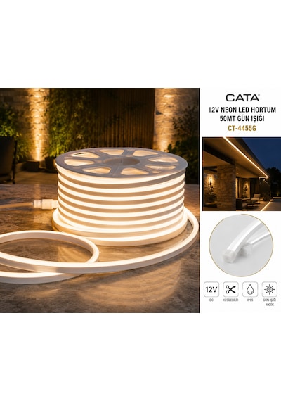 Cata 12v 50 Metre Neon Led Hortum Gün Işığı Renk İç Dış Mekan Dekoratif Şerit Aydınlatma Ct-4455g Beyaz