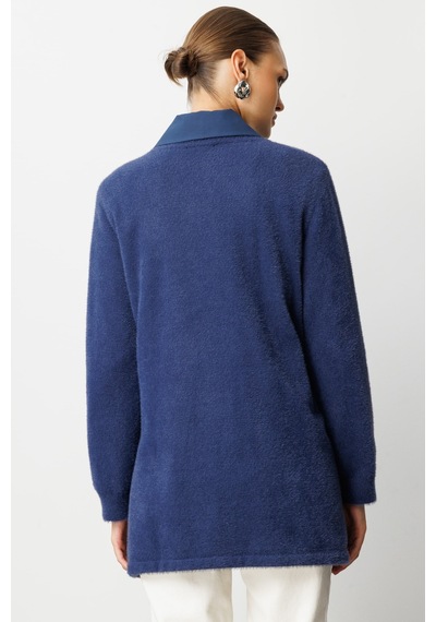 Mizalle Yuvarlak Yaka Oversize Yumuşak Dokulu Lacivert Triko Kazak Lacivert