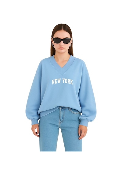 Benroma New York Baskılı Ünisex V Yaka Sweatshirt Bebe Mavisi