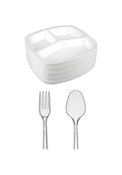 Üç Göz Köpük Tabak 50'li Set 50 Adet 3 Göz Köpük Tabak, 50 Plastik Kaşık. 50 Plastik Çatal 18 X 29