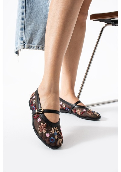 Dabab Shoes Begonıa Kadın Siyah Çiçek Nakışlı Transparan Babet Ayarlanabilir Bantlı Tokalı Düz Taban Ayakkabı