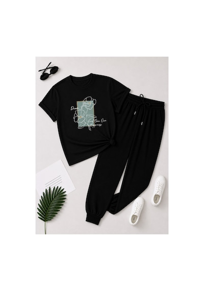 Herkesemoda Soft Çiçek Desen Baskı Detaylı T-shirt Eşofman Takımı Siyah