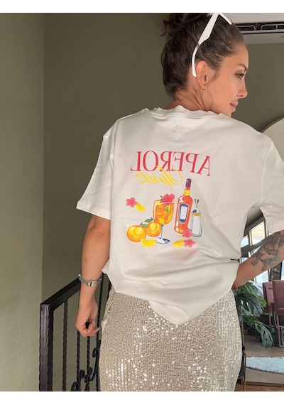 Ali Butik Ekru Aperol Baskılı Tişört