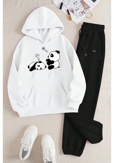 Uyguntarz Unisex Uykucu Panda Baskılı Rahat Eşofman Takımı Beyaz