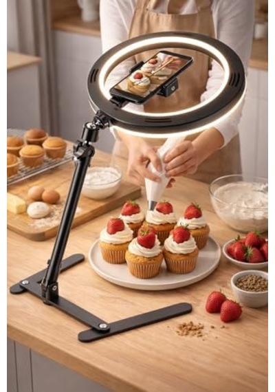 10" Masaüstü Ring Light Çekim Standı 30-47,5 Cm Ayarlanabilir Yükseklik, Telefon Tutuculu Ürün Video & Fotoğraf Çekim Selfie Işığı, Cz-035, Siyah