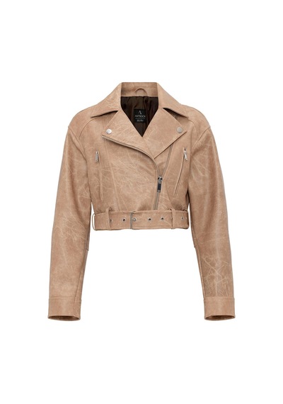 Antioch Kadın Suni Deri Crop Biker Ceket Bej