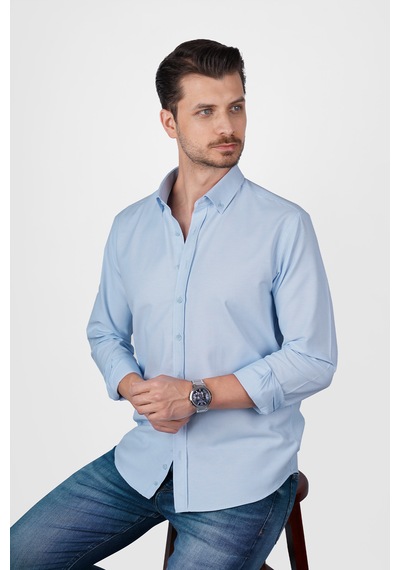 Açık Mavi Yaka Düğmeli Premium Şamre Slimfit Erkek Gömlek Açık Mavi