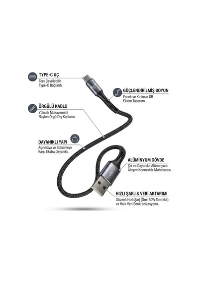 Usb-type C Ultra Dayanıklı Yüksek Veri Aktarımlı Şarj Kablosu