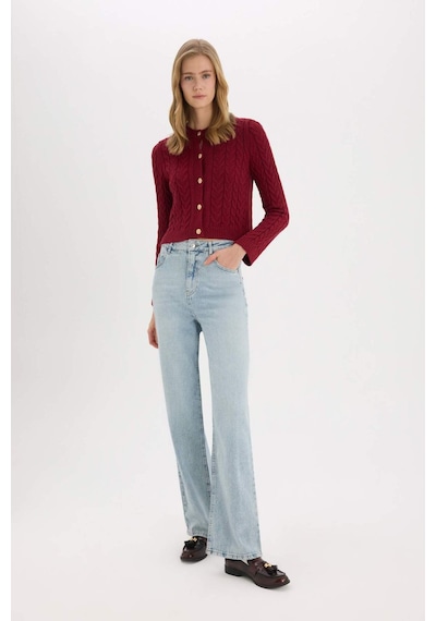 DeFacto Regular Fit Bisiklet Yaka Selanik Örgü Desenli Basic Düz Triko Hırka C9044AX25SPBR285 Bordo