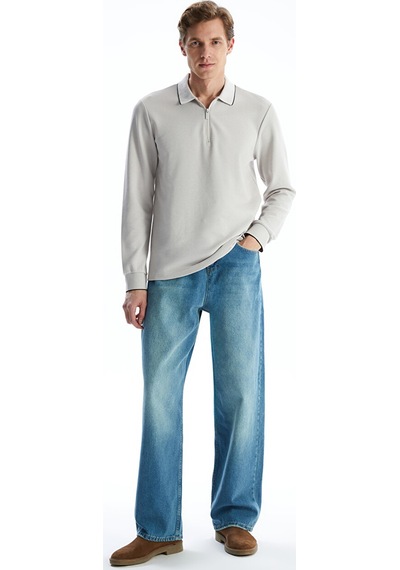 Lcwaıkıkı Classic Gri Polo Yaka Uzun Kollu Erkek Sweatshirt
