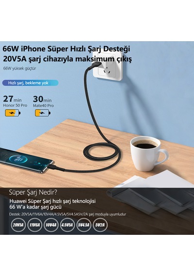 66w Süper Hızlı Şarj Kablosu 1 Metre Usb Apple Bağlantı 6a Akım Yüksek Yoğunluklu Dokuma apple 1m Black