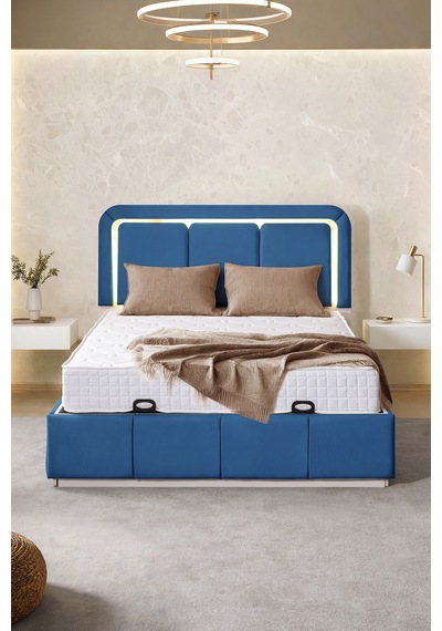 Demonte Baza Seti, Nox Ledli Çift Kişilik Baza Başlık Seti - İkili Set, Mavi - 160x200 Cm 160 x 200