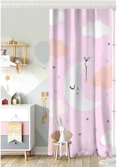 Realhomes Tek Kanat Pembe Zeminde Ay Ve Bulut Desenli Bebek Odası Fon Perde Genel