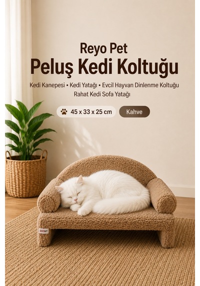 Reyo Pet Peluş Kedi Koltuğu Kedi Kanepesi Kedi Yatağı Evcil Hayvan Dinlenme Koltuğu Rahat Kedi Sofa Yatağı 45 x 33 x 25 CM Bej