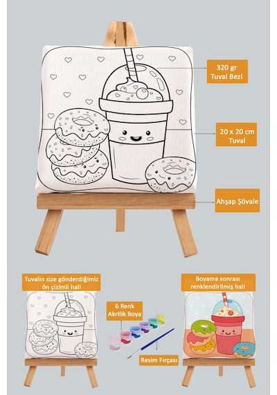 Sevimli Donut Ve Milkshake Çocuk Eğitici Tuval Boyama Hobi Seti