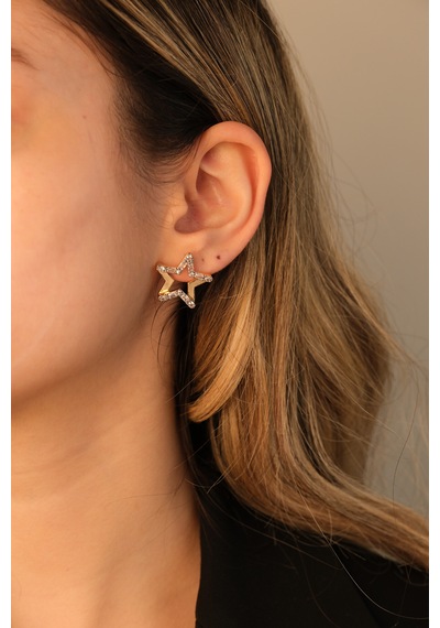 Çildan Womens Gold Zirkon Taşlı Yıldız Küpe Altın
