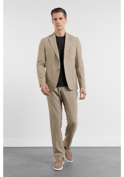 İmza Bej Mono Yaka 6 Drop Slim Fit Esnek Takım Elbise 1001260157 Koyu Bej