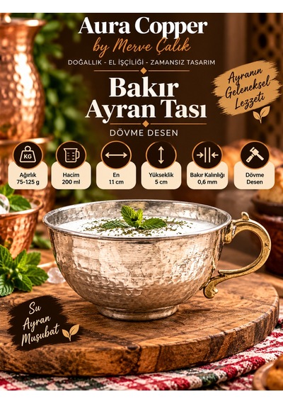 Bakır Ayran Tası Ve Bardak 200 Ml Dövme Kulplu Ajda Gümüş