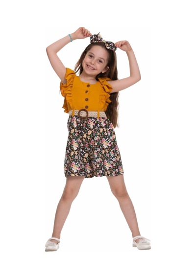 İrem Kız Çocuk Çiçek Desen Fırfırlı Tulum Hardal