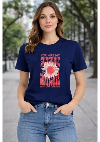 Herkesemoda Sunshine Baskı Detaylı Basic T-shırt Lacivert