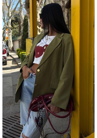 Uzun Kollu Ve Düğme Kapamalı Kruvaze Yakalı Oversize Blazer Kadın Keten Ceket Haki Haki