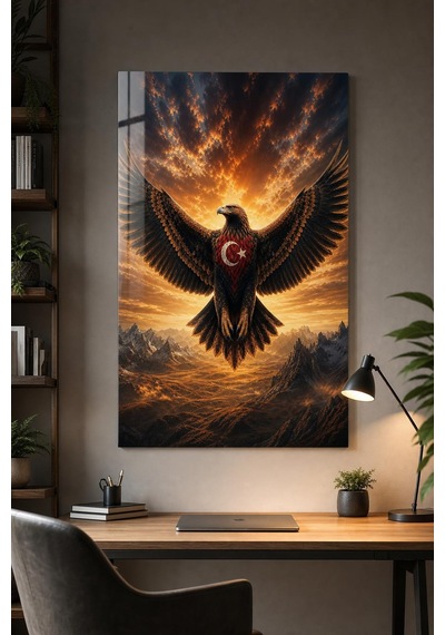 Türk Bayraklı Kartal Baskılı Cam Tablo Uv Baskı Dekoratif Duvar Tablosu
