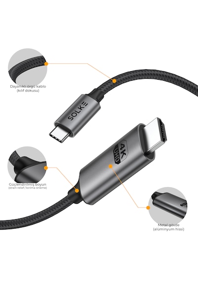 Solke Type-c To Hdmı Kablo 2 Metre 4k 60hz 18gbps Örgülü Alüminyum Görüntü Aktarma Kablosu
